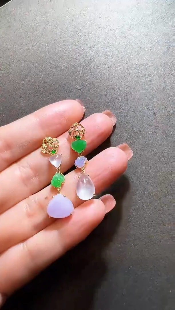 【闪购商品】翡翠耳饰18K金镶嵌翡翠三色耳钉