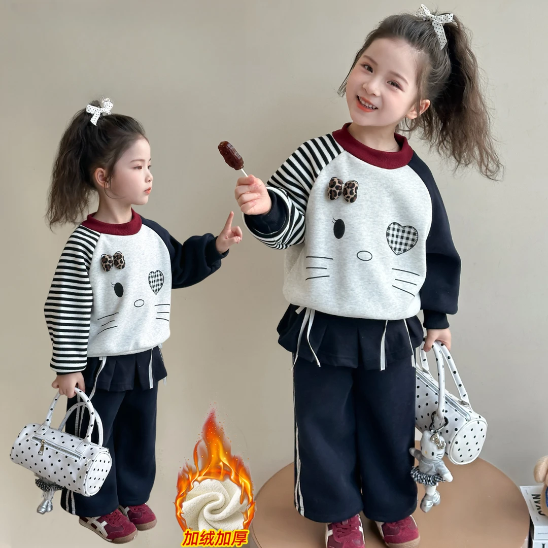 女童冬装加绒卡通卫衣套装运动套装