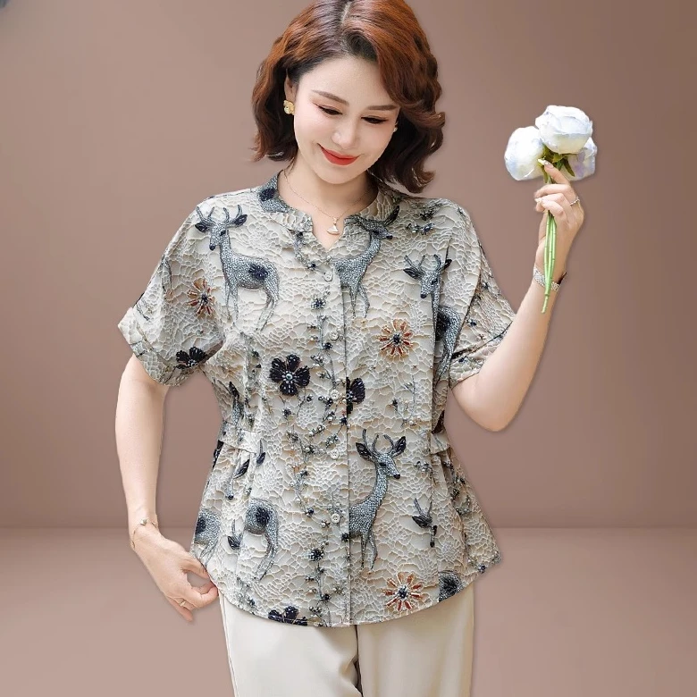 妈妈装夏上衣中老年人夏季套装阔太太夏装短袖衬衫收腰气质感高贵