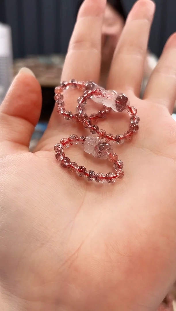 未镶嵌手串水晶金草莓超七貔貅戒圈4mm【多样性发一】