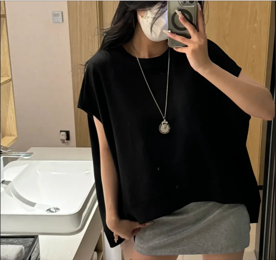 2025夏季不规则设计百搭春夏慵懒风宽松欧若风液态空气棉短袖T恤