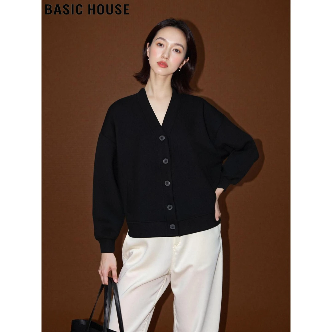 Basic House/百家好慵懒风简约棒球服外套女2025秋冬V领卫衣开衫