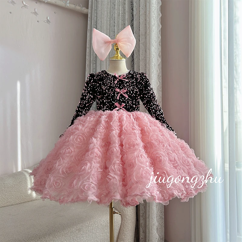 【黑粉玫瑰】女童主持人晚礼服钢琴演出服儿童公主裙粉色玫瑰