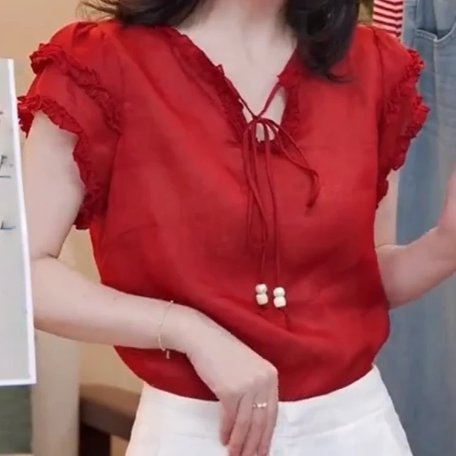 韩系减龄系带木耳边休闲宽松显瘦短袖衬衣女2025夏季新款百搭上衣