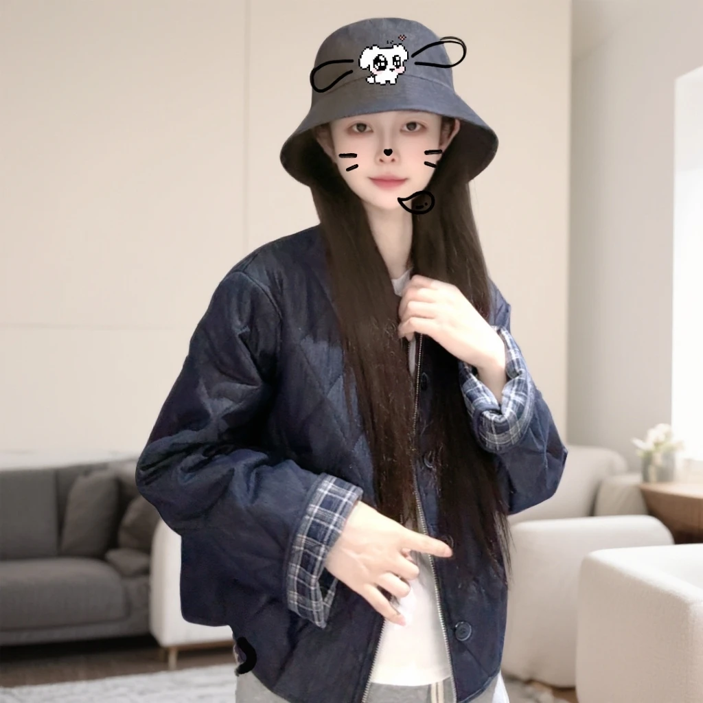 宿慕SUMU拼接撞色牛仔棉衣棉服外套2025新款秋冬加棉外套女装1839