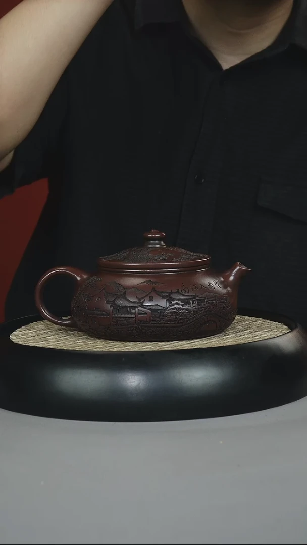 茶壶紫砂黑料石红  寒江 刻绘山水