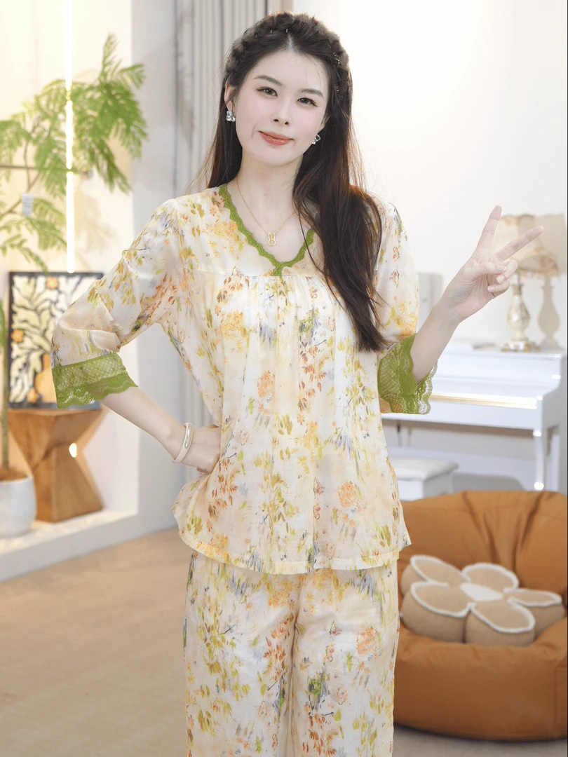 【纯棉时代-橙橙】2025女士夏款舒适纯棉睡衣家居服薄款AYR