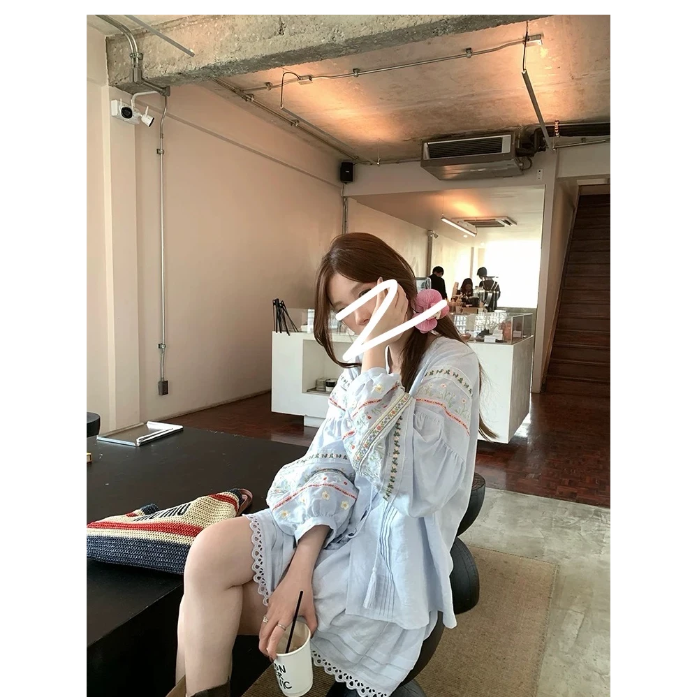 超重工！斯米兰花境~亚麻棉花朵刺绣娃娃衬衫+a字半裙套装女」