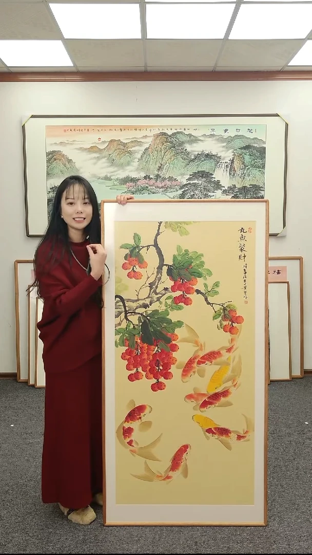 国画手绘155*76九鱼聚财带框