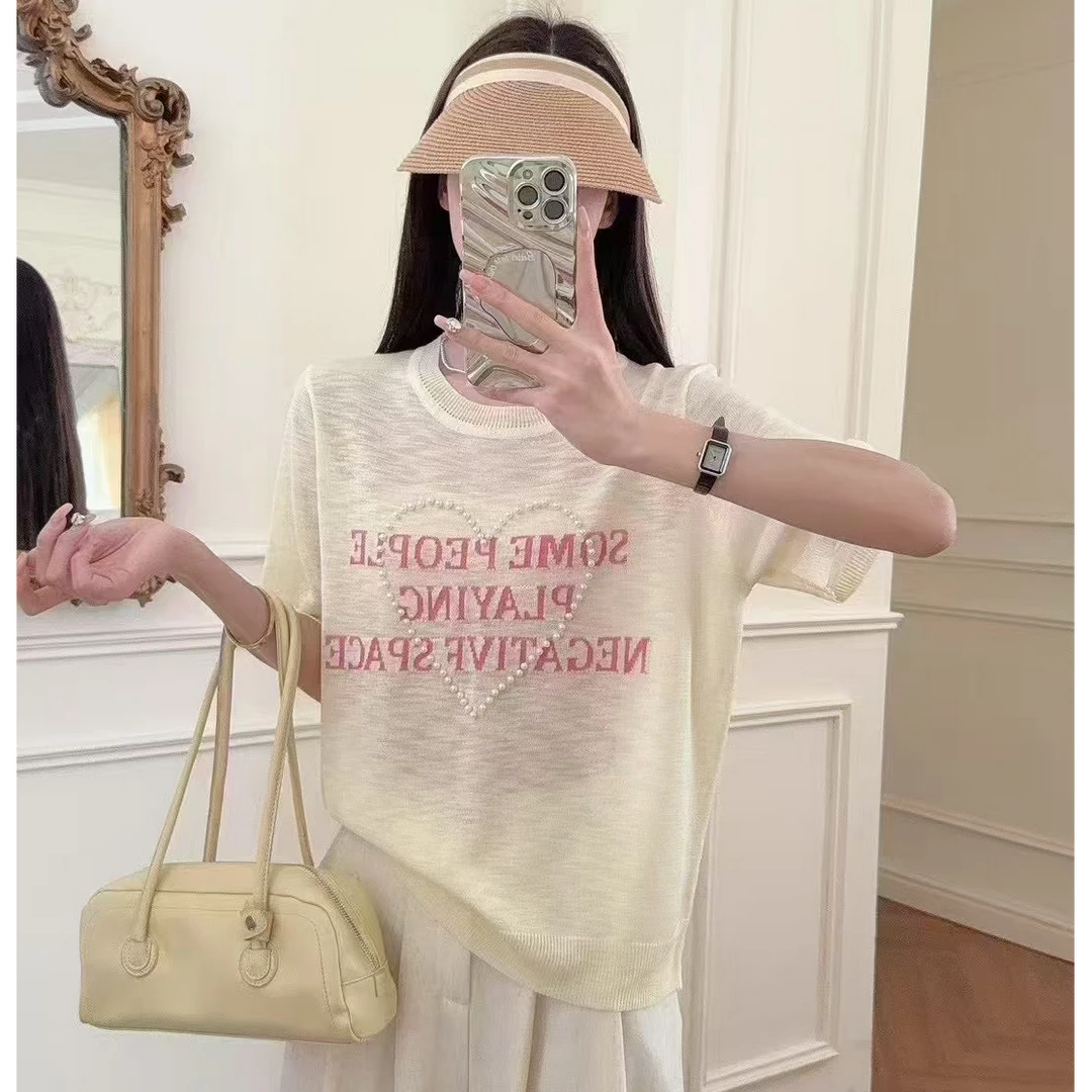 夏季新款爱心字母针织衫女装钉珠短袖冰丝薄款上衣t恤打底衫C141