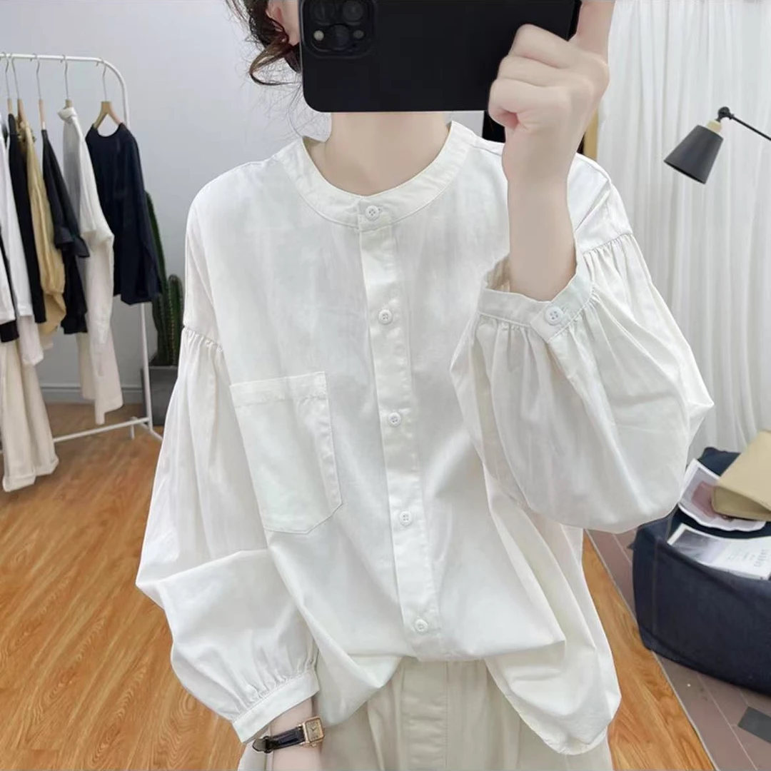 纯棉立领灯笼袖长袖衬衫女式韩范减龄上衣复古打底衫衬衣