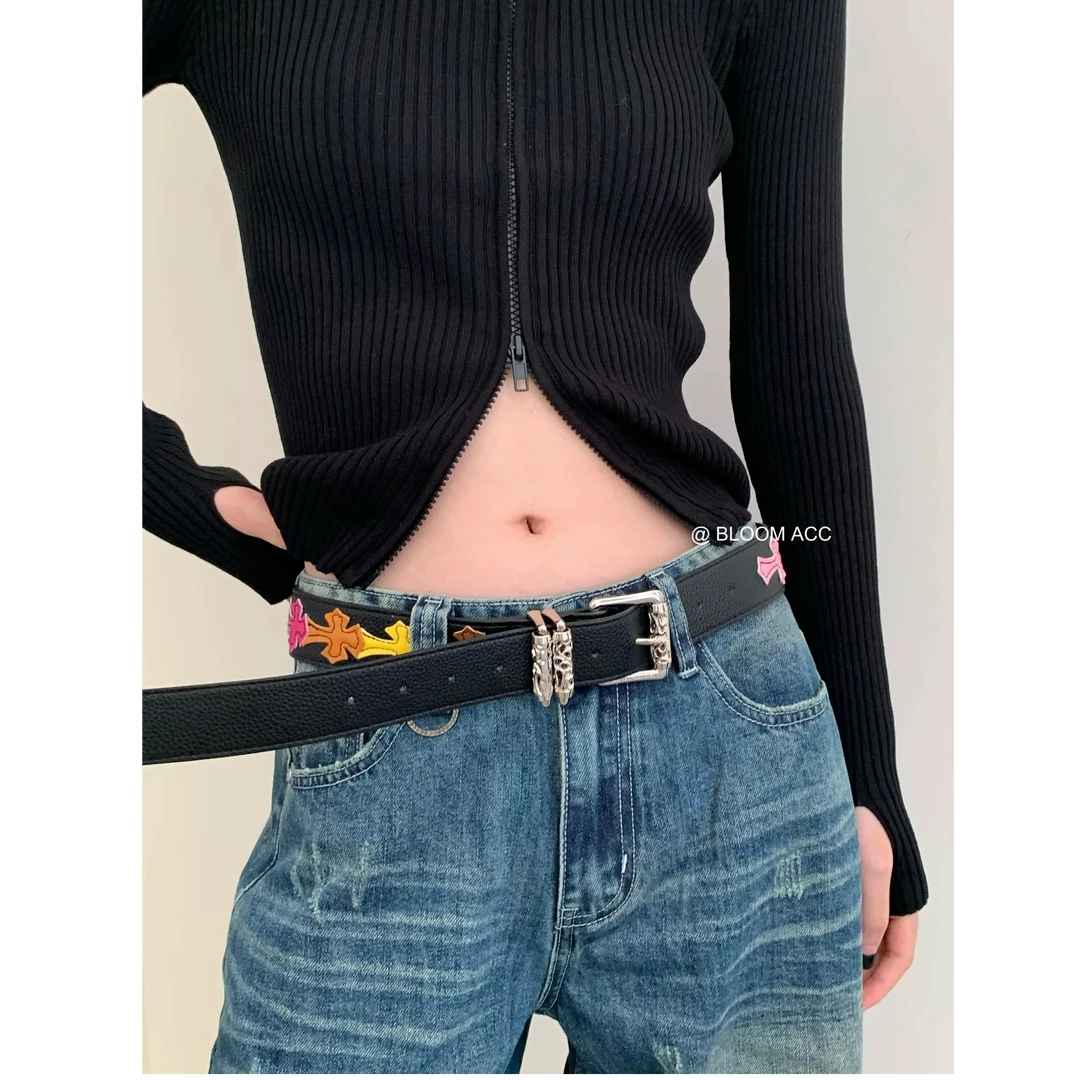 男女同款彩色流行元素十字皮带克罗针扣腰带滚轮镂空藤蔓扣裤带潮