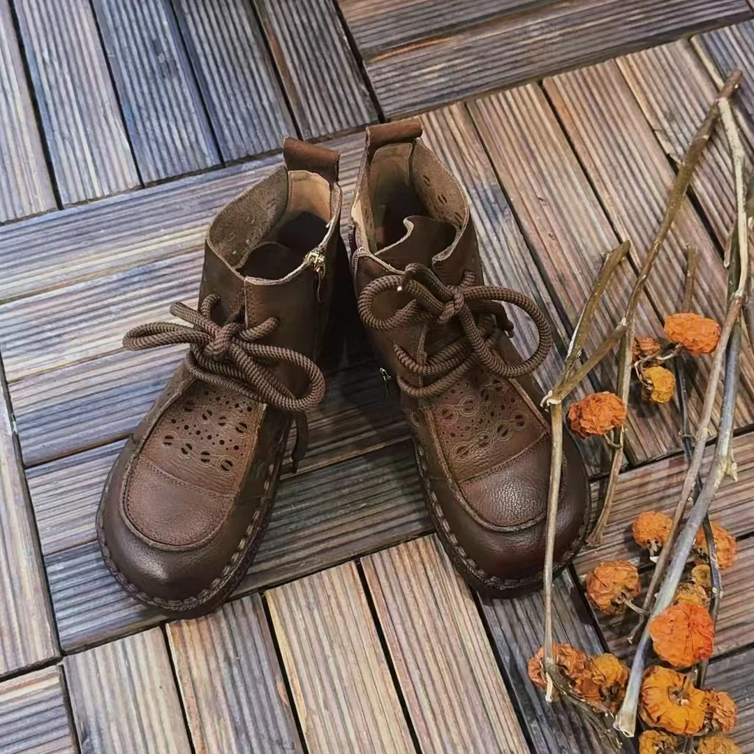 媚儿~原创复古牛皮系带镂空鞋子