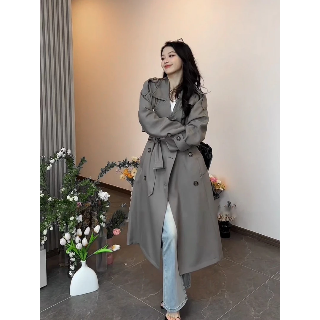 春秋新款小个子韩系慵懒风时尚高级感中长款系带风衣女24F057