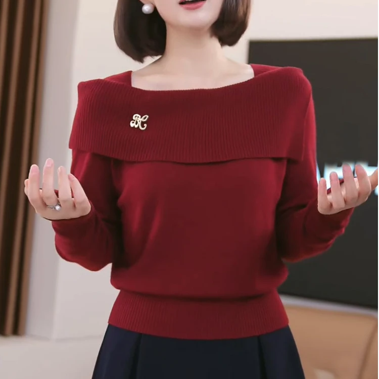 秋季时尚百搭毛衣红色女洋气设计感胸针一字领羊毛针织上衣1460