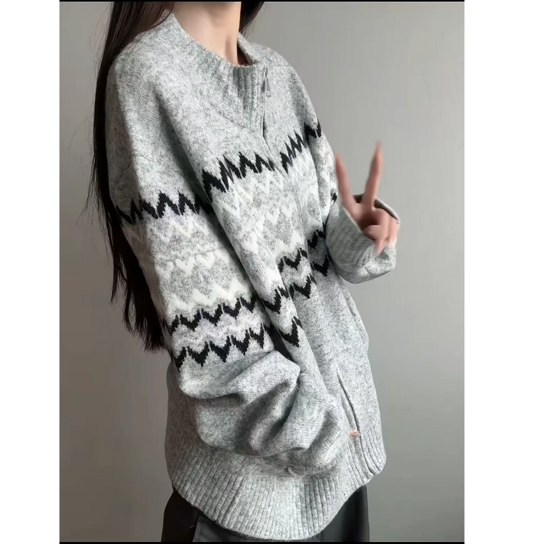 美式复古半开衫毛衣男秋冬宽松慵懒风针织衫oversize外套