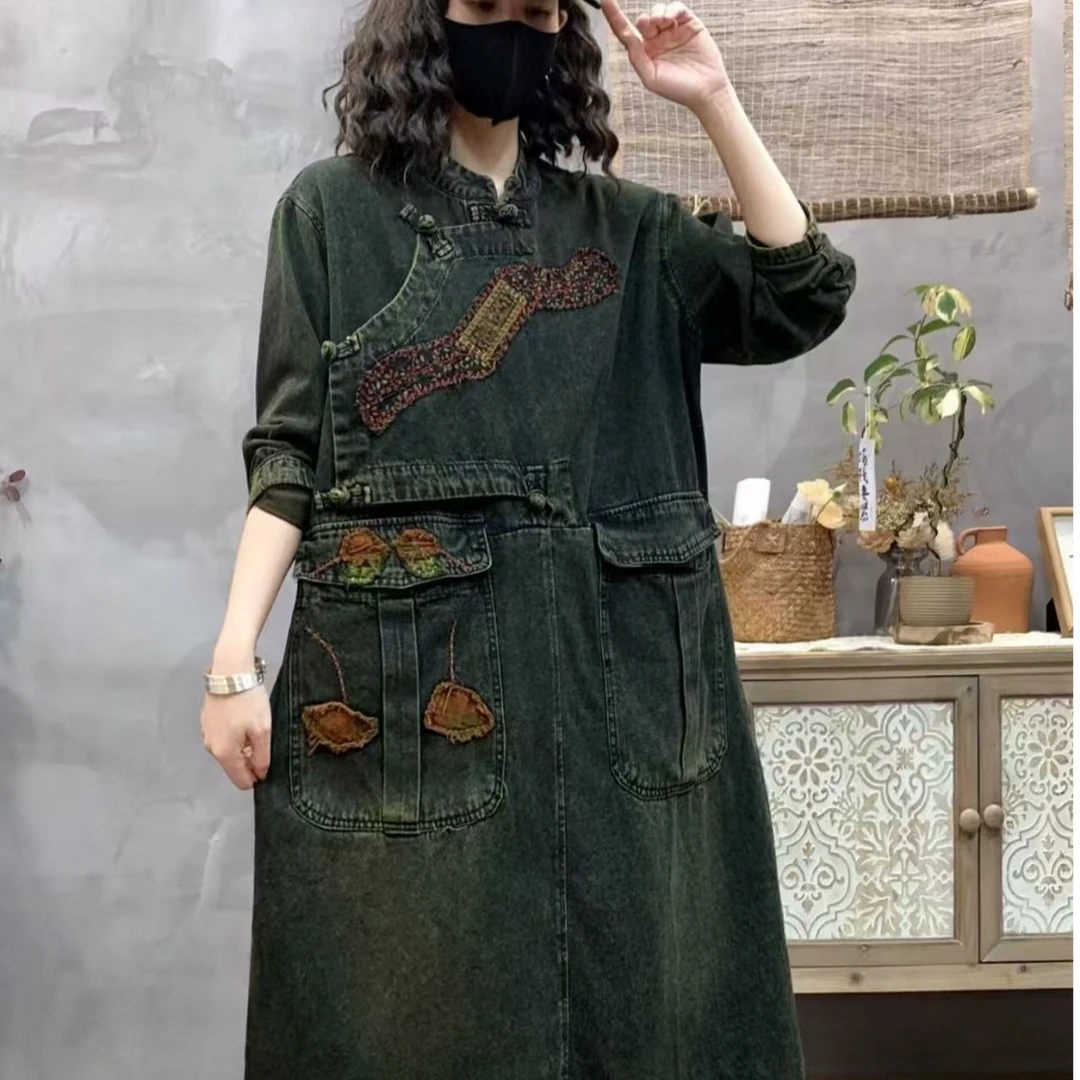 牛仔刺绣大兜小花新款连衣裙唐汉布衣上衣外套D