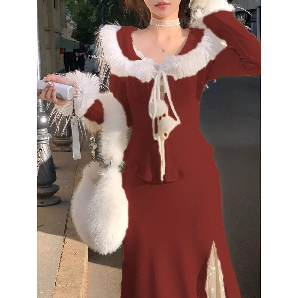 红色战袍秋冬显瘦修身温柔风毛毛拼接长袖上衣+半身裙两件套装女