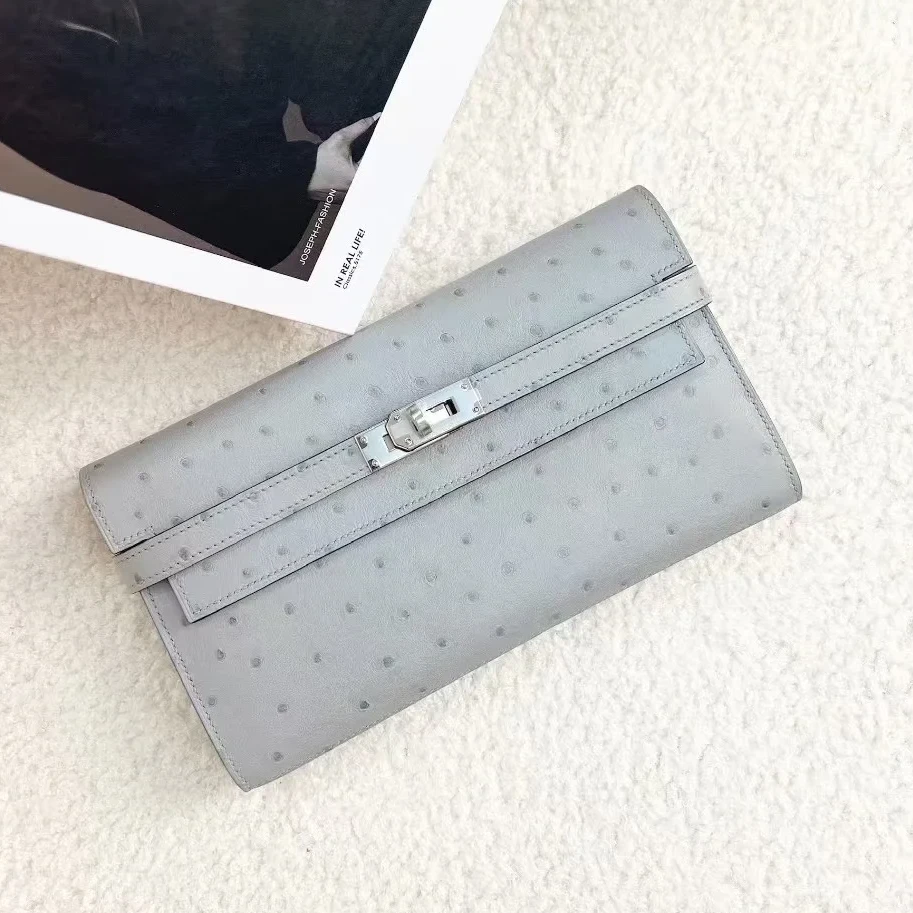 99新 Hermes/爱马仕 小花6欢 kelly 钱包 海鸥灰 鸵鸟皮 C刻 银扣