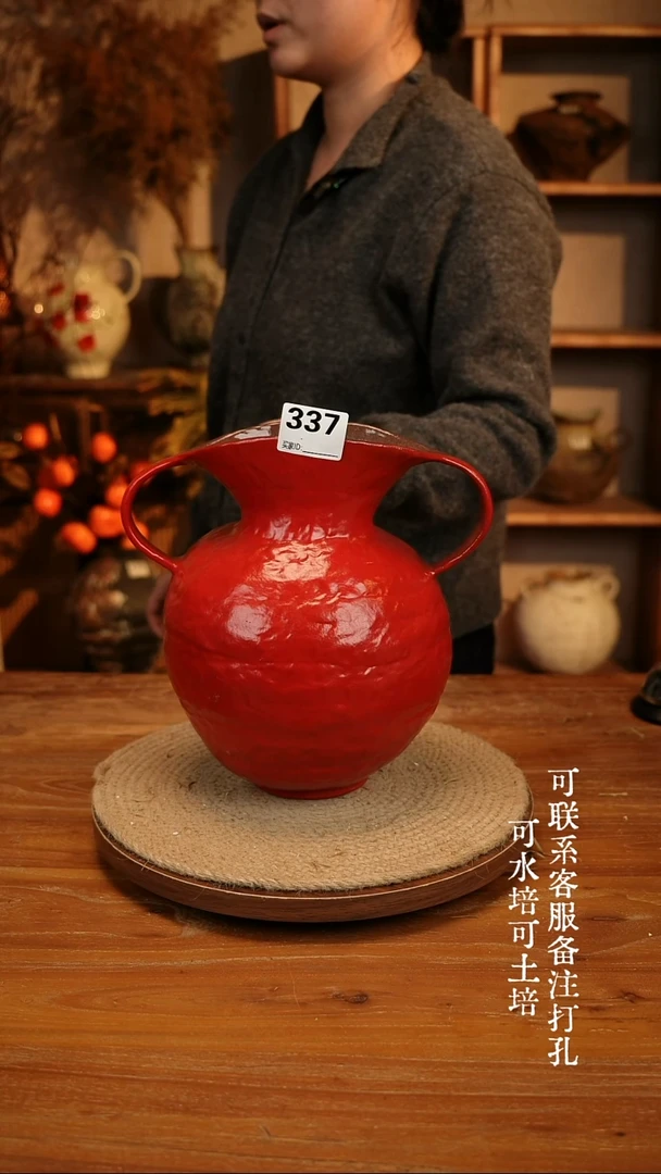 陶瓷337红色双耳大肚瓶可水培可土培