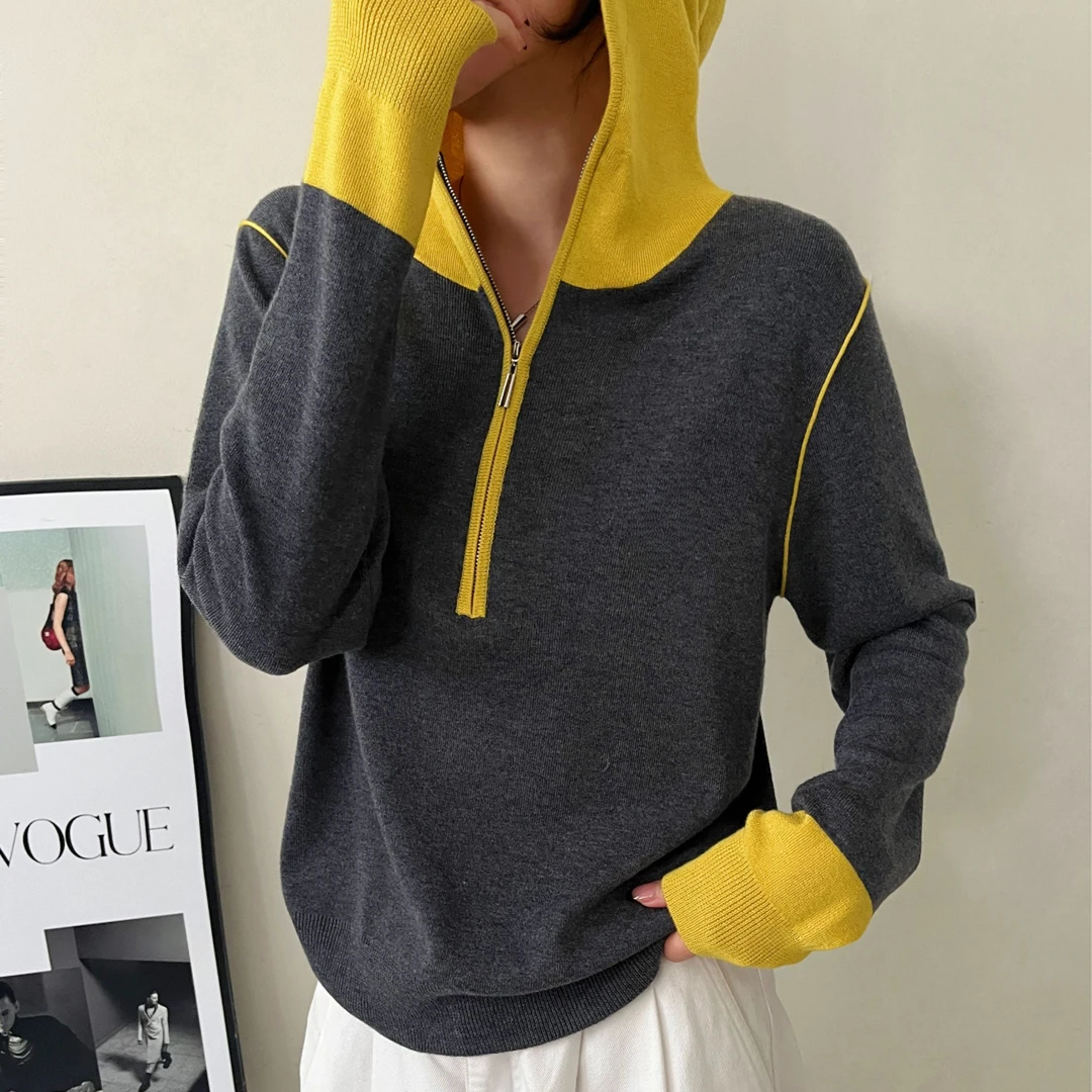 【苗姐衣橱】25春 洋气拼色连帽半拉链针织衫8506