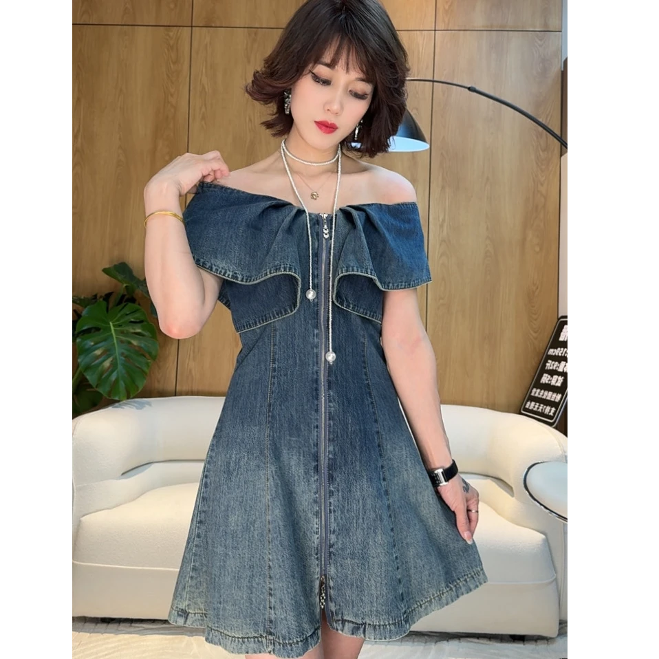 夏季款复古小众个性减龄洋气牛仔裙女拉链荷叶边V领修身连衣裙