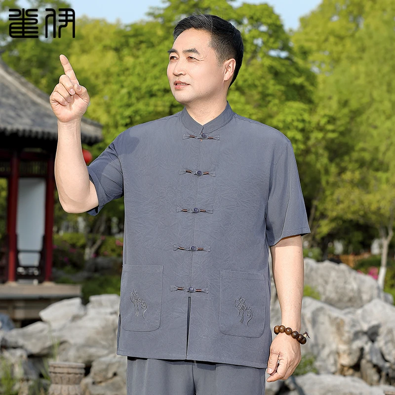 爸爸男款夏装套装短袖中国风唐装薄款衬衫休闲中式爷爷夏季衬衣