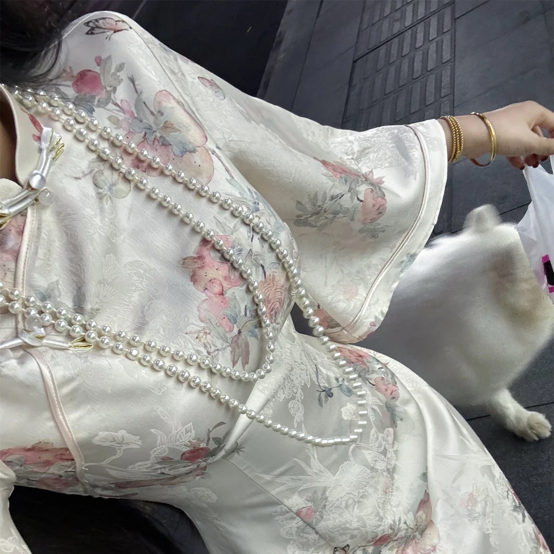 LHMknk1画报夫人原创自制新中式国风倒大袖旗袍连衣裙 白入梦