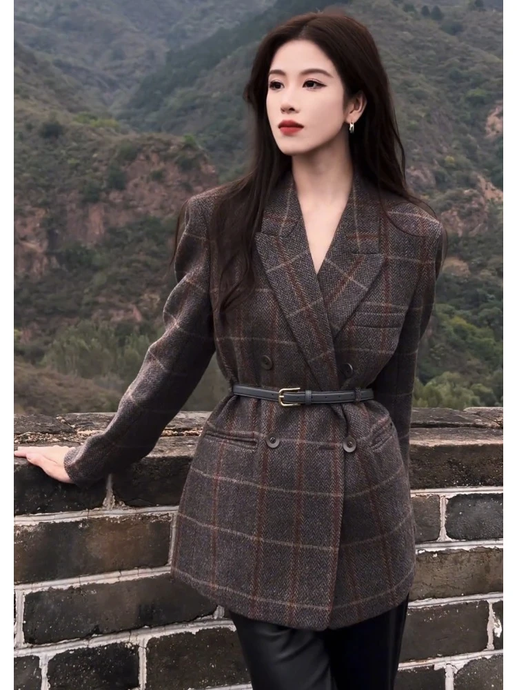 灰咖色格纹外套2025秋冬新款重要场合独特漂亮气质高级感收腰上衣