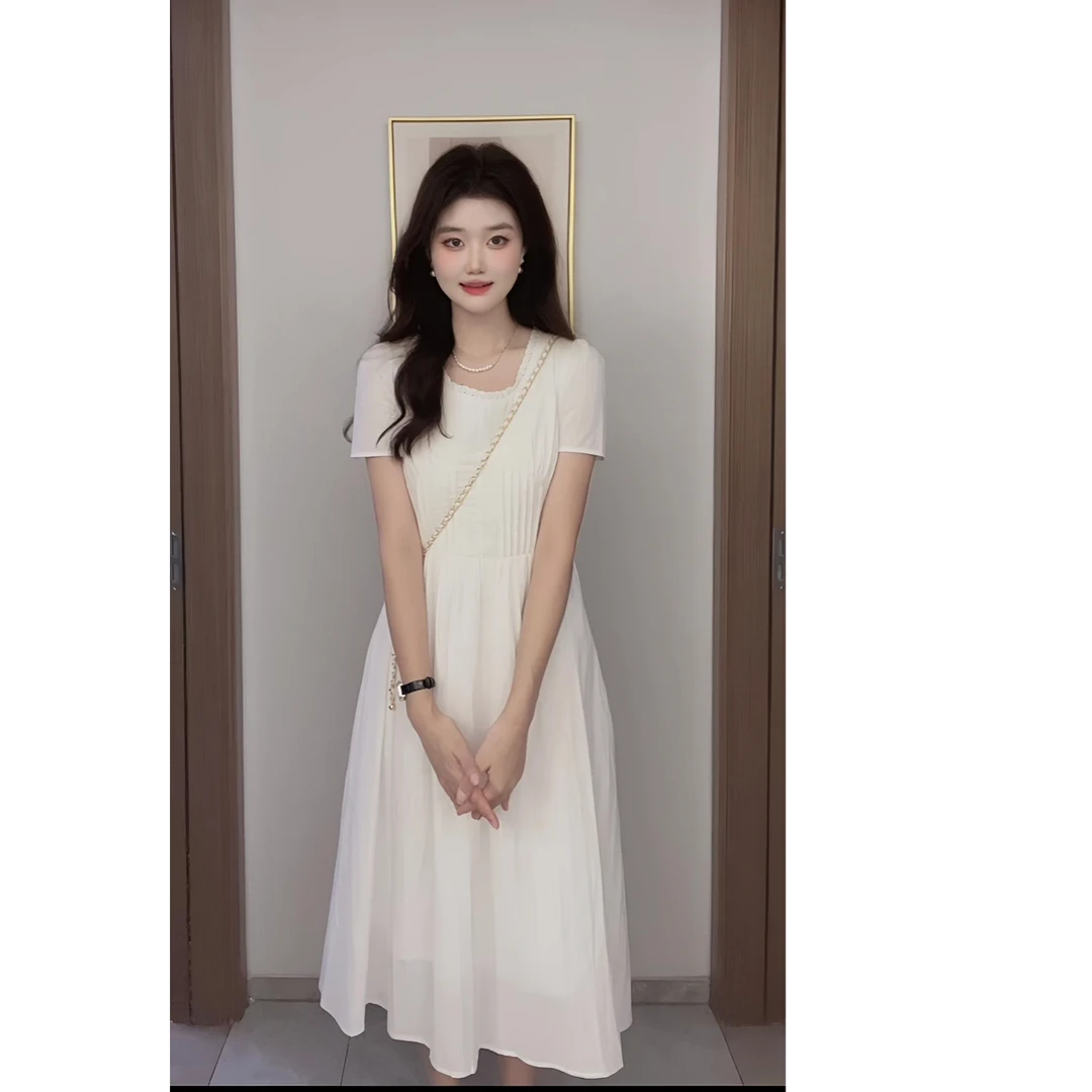 2025夏季小清新连衣长裙小个子法式蕾丝高腰复古宽松拼接连衣裙女