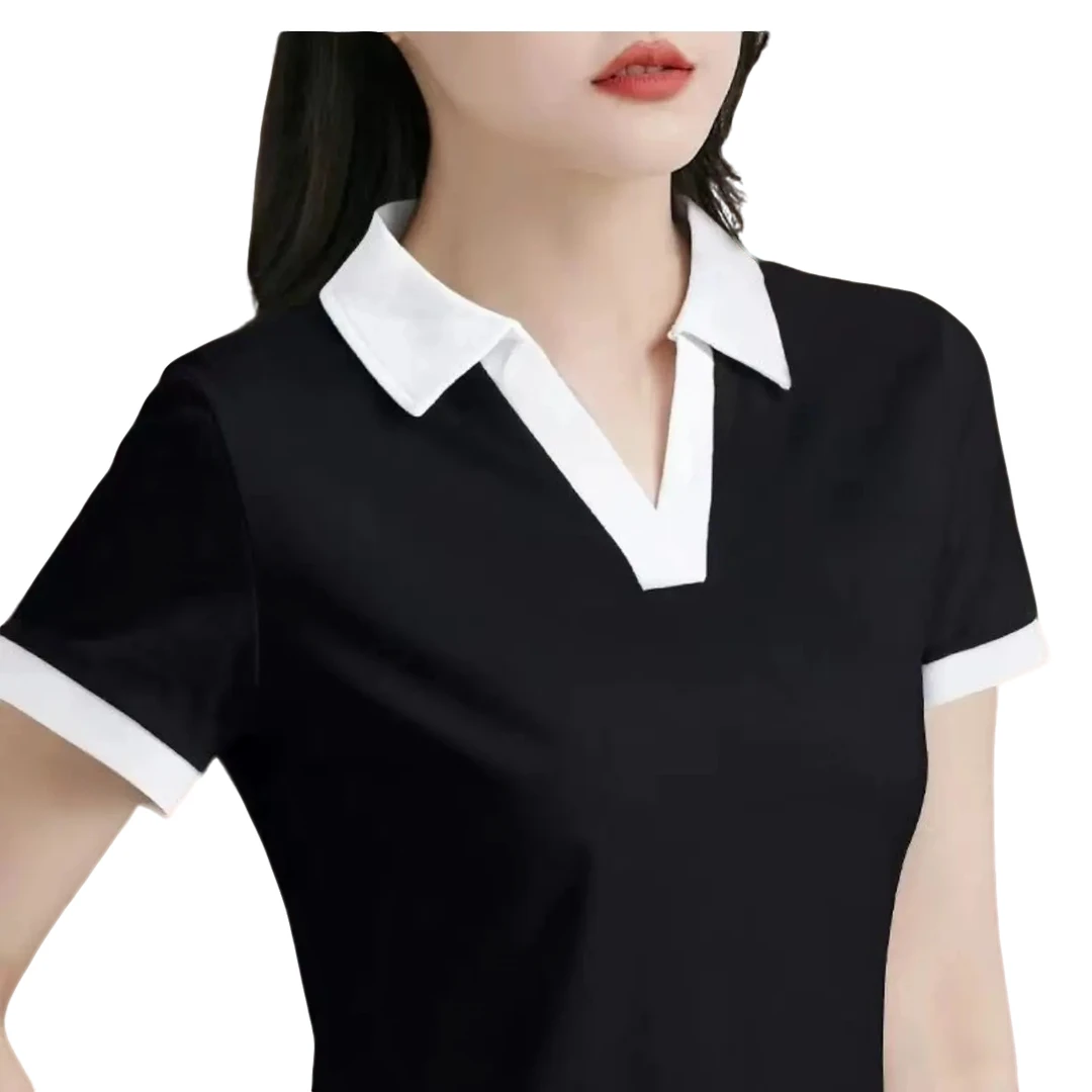 女士精疏棉常规POLO衫短袖白色t恤气质百搭翻领女高档商务polo衫