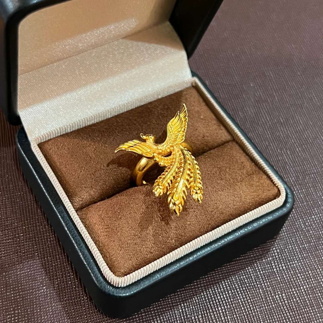铜合金戒指 凤凰花边戒指女中式婚嫁风金色戒可调节戒指