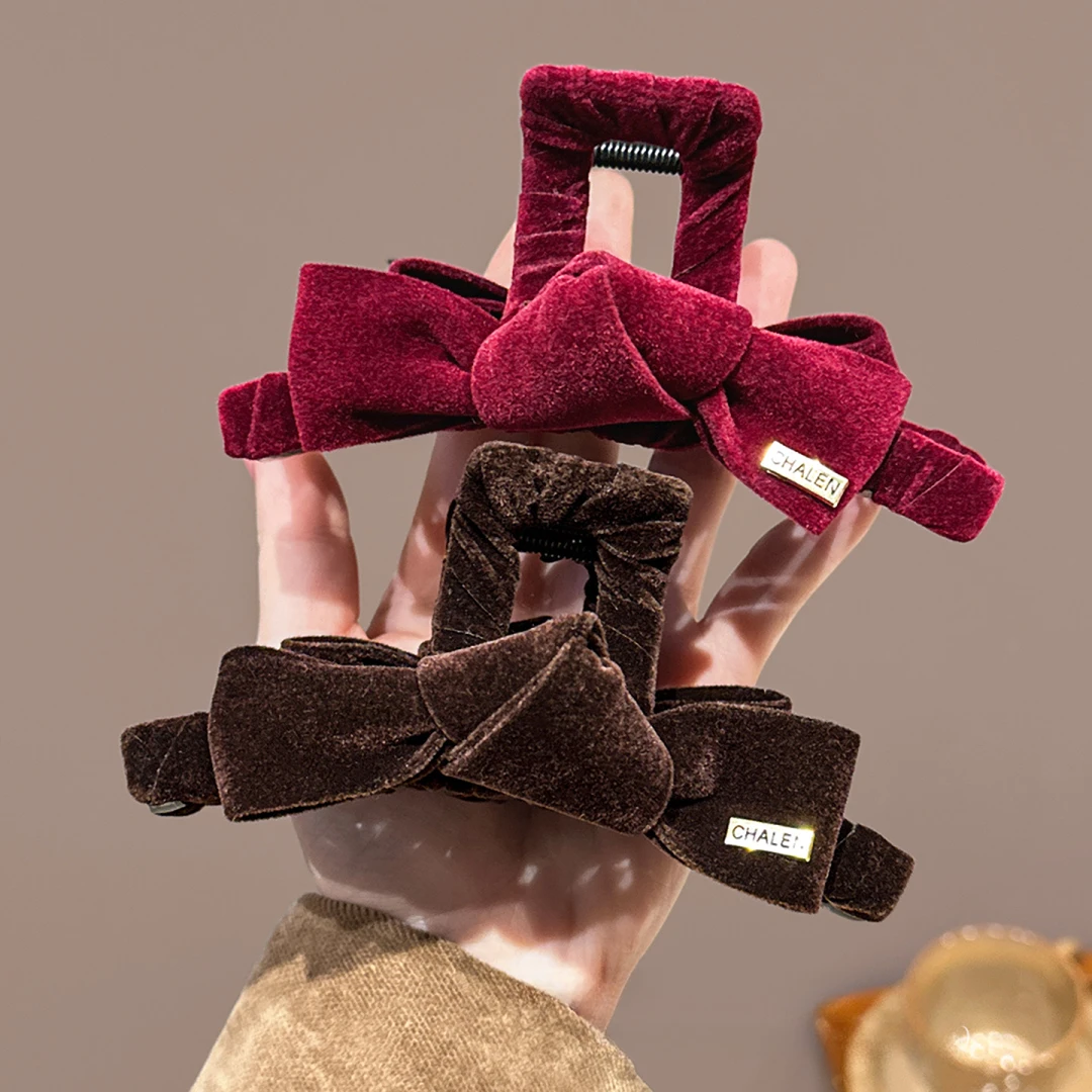 复古丝绒蝴蝶结发夹女后脑勺盘发抓夹高级感大号鲨鱼夹子发卡头饰