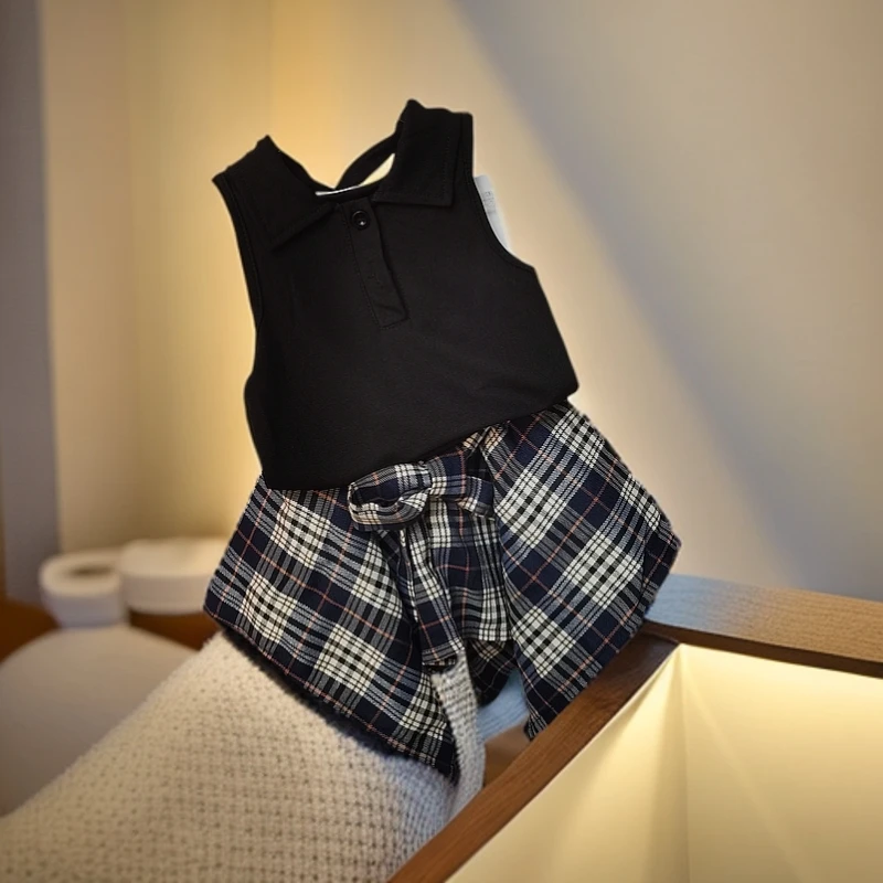 女童夏季洋气背心上衣格子裙套装时髦女宝翻领上衣不规则裙两件套