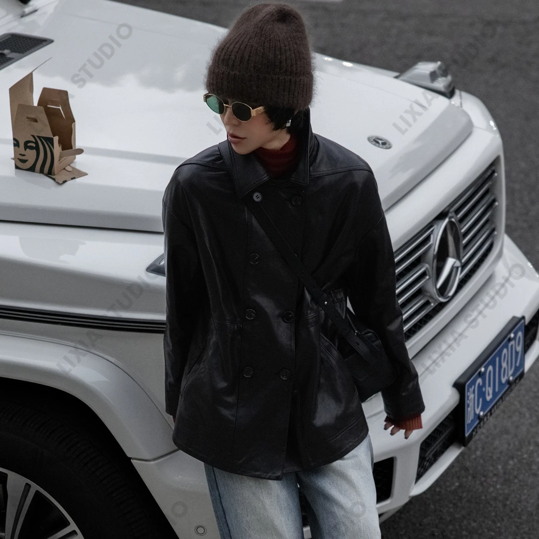 LIXIA【夜上海】进店必拍意大利老钱风气质双排扣鹅绒皮衣-D10010