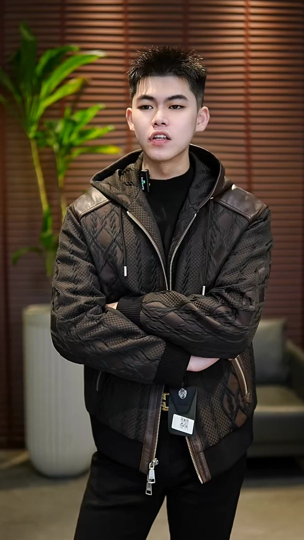 54码（155-170斤）男士真皮拼接鹅绒服3607（咖）