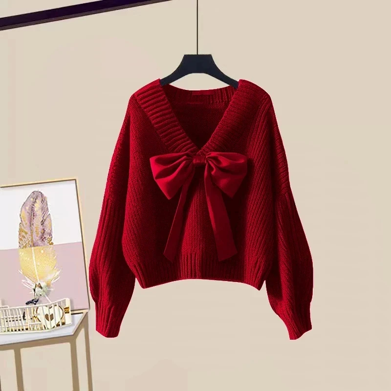 H44休闲蝴蝶结软糯针织毛衣女黑色鱼尾半身裙秋冬搭配