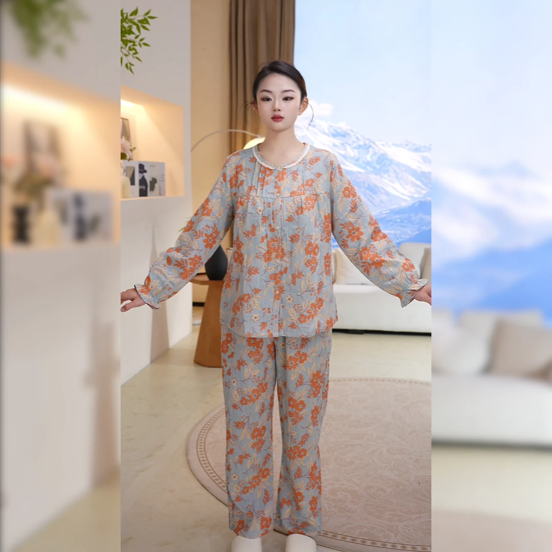 佐菲【秋暖尽染】梭织双层纱睡衣女秋款纯棉长袖秋季可外穿家居服