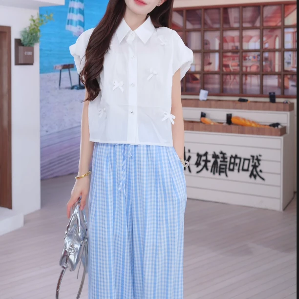妖精的口袋格子休闲裤2025夏休闲时尚甜美慵懒感穿搭25210071