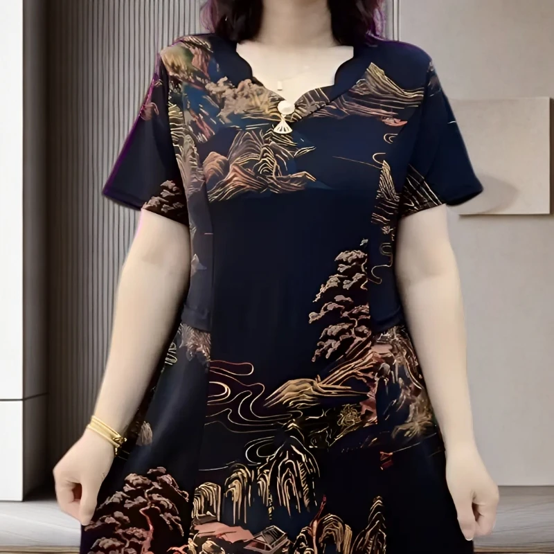 【100%纯绵】夏季妈妈时尚气质山水花色过膝连衣裙大码中老年冰丝裙