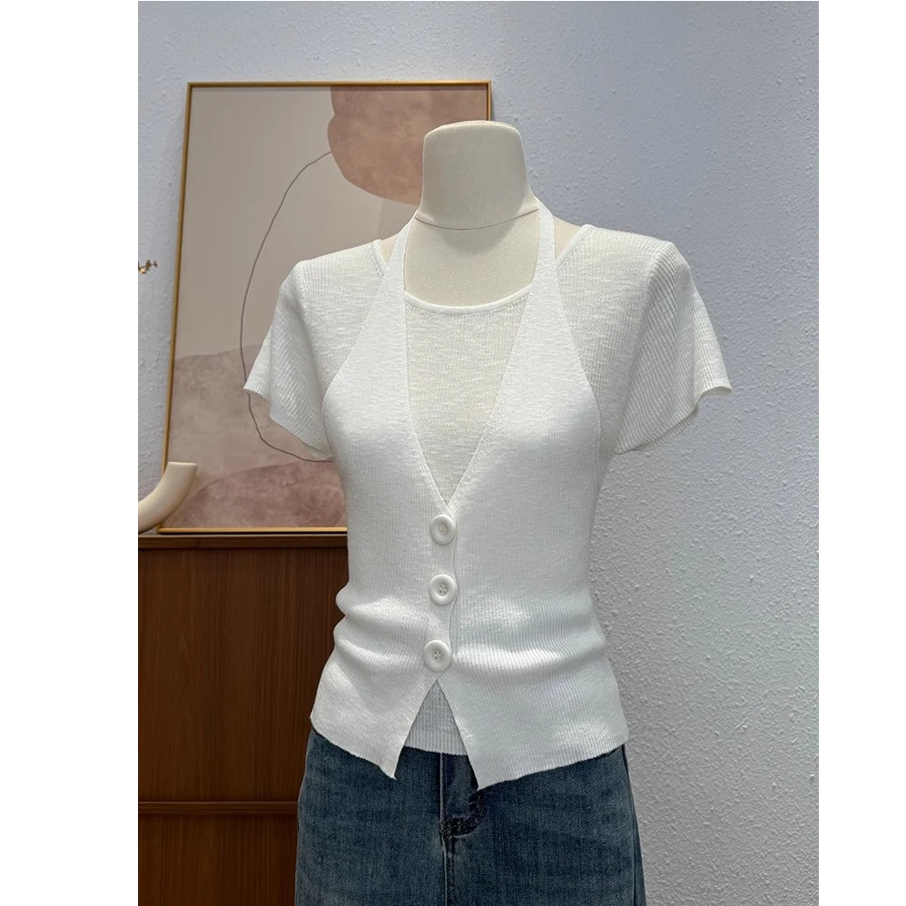 2025夏季新款假两件白色短袖上衣韩系设计感挂脖气质显瘦T恤