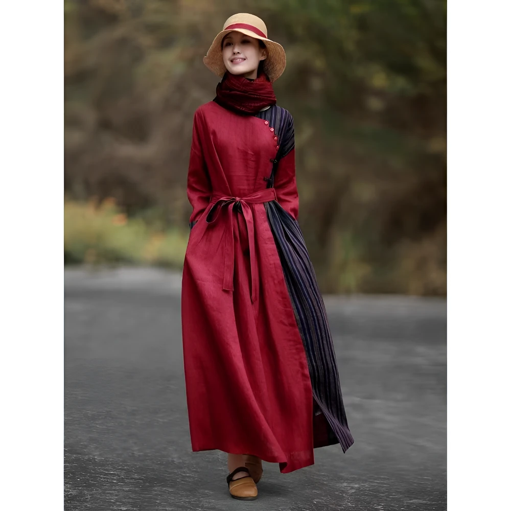 新中式撞色棉麻连衣裙女2025秋冬新款文艺复古修身显瘦长袖长裙潮