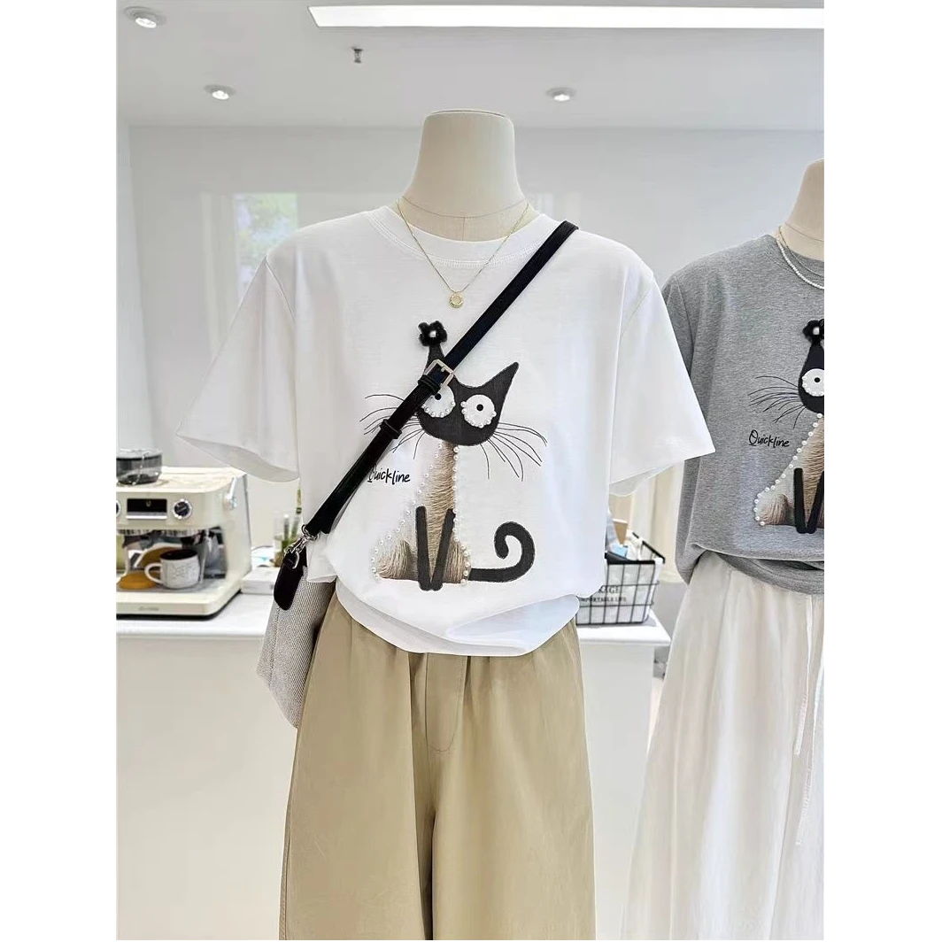 可爱猫猫印花+钉珠韩系设计感2025夏季新款圆领短袖T恤上衣