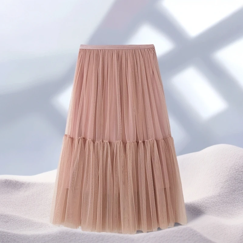 2025春季新款中长款蓬蓬裙女高腰拼接百褶裙网纱半身裙大摆裙子