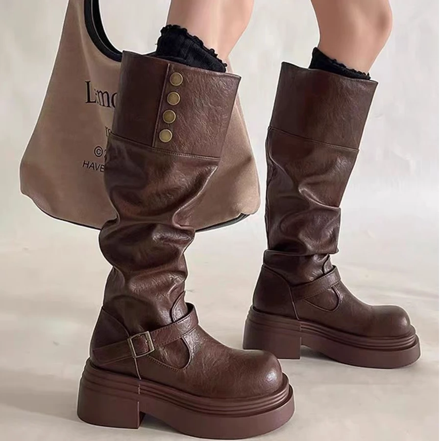 啄木鸟西部牛仔长高筒靴子女2024年秋冬新款厚底堆堆靴两穿骑士靴