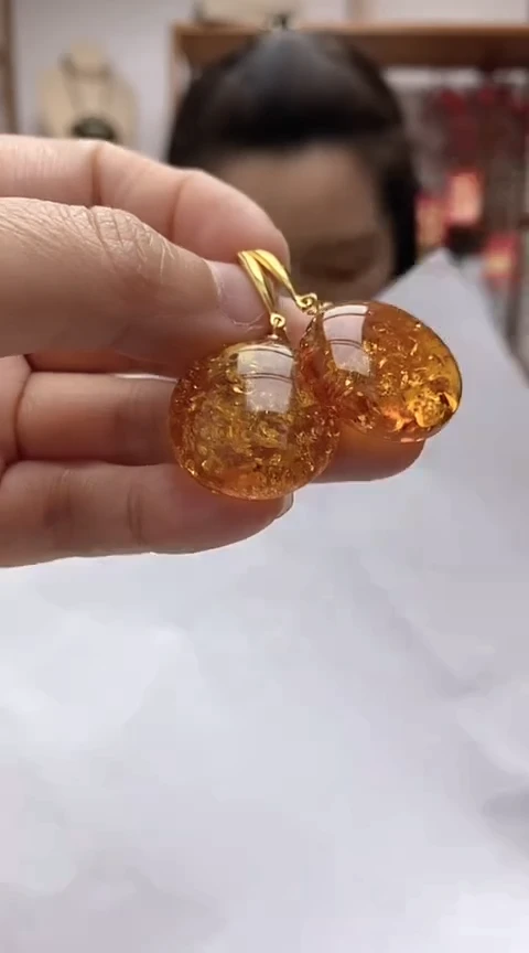 【闪购商品】琥珀裸石银S925镶嵌花珀耳坠