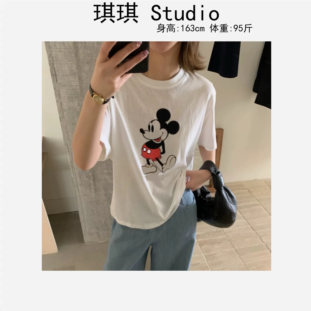 早春新款圆领基础简约卡通印花米鼠舒适亲肤显瘦减龄百搭短袖-N