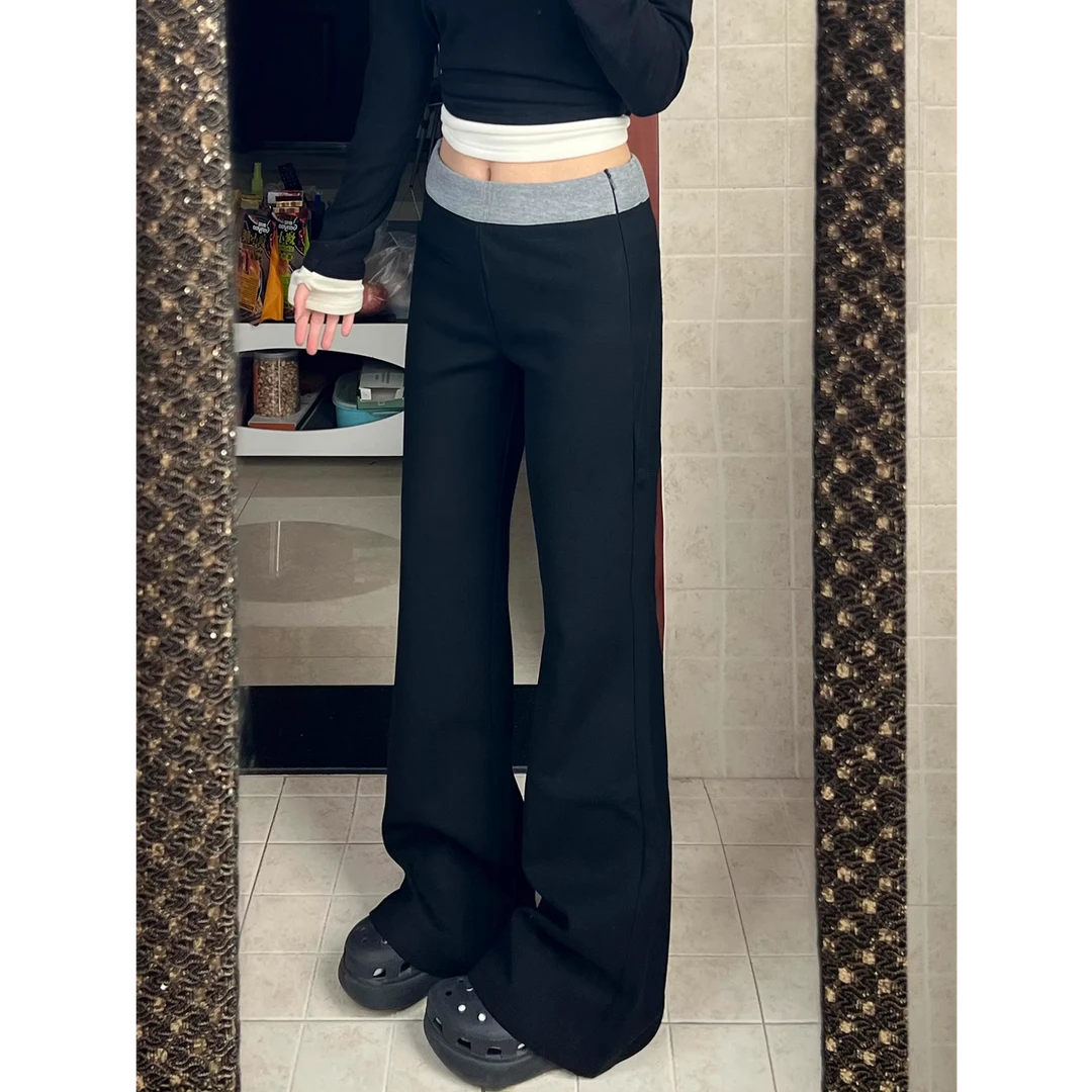 黑色拼接微喇运动裤女秋季新款大码胖mm高腰宽松显瘦休闲喇叭卫裤