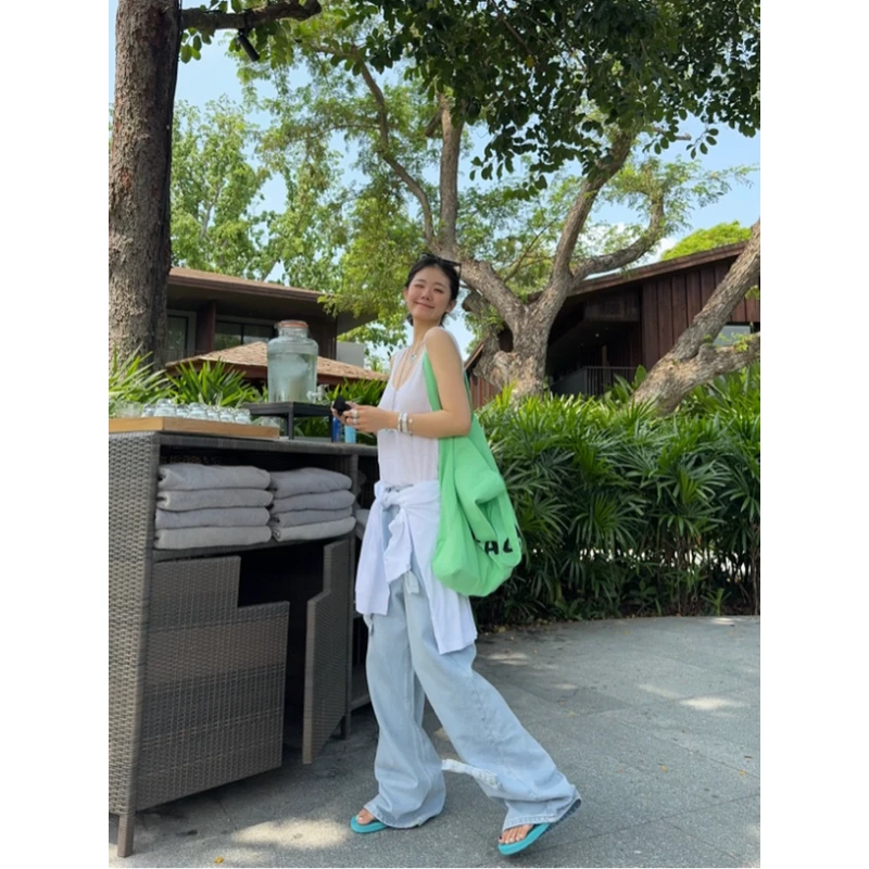 『PEACHZHOU』蝴蝶结水洗宽松直筒牛仔裤休闲百搭时髦小众阔腿裤