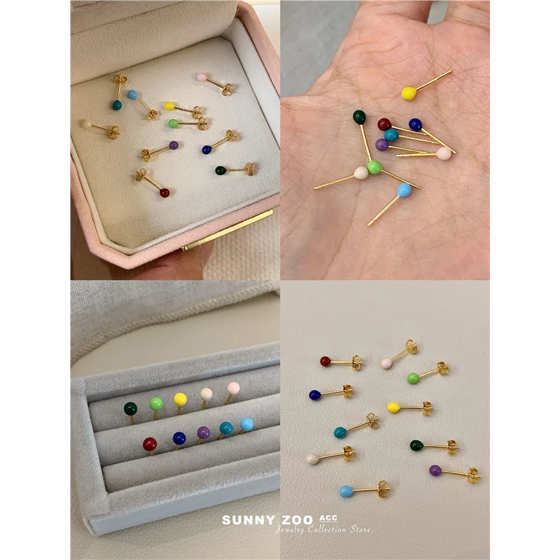 铜合金耳饰 糖果豆子 多巴胺彩釉小巧耳钉S999纯银养耳洞百搭小众